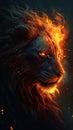 AI generated illustration of a majestic lion gazing out engulfed in vibrant flames