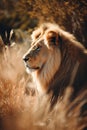 AI generated illustration of a majestic lion laying in a lush brown forest