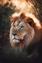 AI generated illustration of a majestic lion laying in a lush brown forest