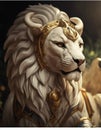 AI generated illustration of a majestic lion sculpture wearing a helmet