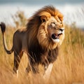 AI generated illustration of A majestic lion standing proudly in a vast expanse of tall grass Royalty Free Stock Photo