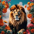 AI generated illustration of a majestic male lion standing in a grassy field Royalty Free Stock Photo