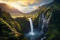 a mountain with a large waterfall flowing over it at sunset Royalty Free Stock Photo