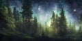 AI generated illustration of a majestic night scene of a forest illuminated by a radiant green light