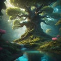 AI generated illustration of a majestic, old tree in a lush, green forest