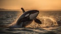 AI generated illustration of a majestic orca leaping out of the water at sunset Royalty Free Stock Photo