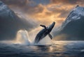 an orca whale jumps out of the water at sunset Royalty Free Stock Photo