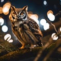 AI generated illustration of a majestic owl perches on a tree branch illuminated by vibrant lights