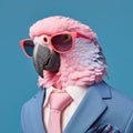 AI generated illustration of a majestic parrot in a funky blue pink suit on a bright background