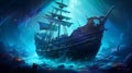 AI generated illustration of A majestic pirate ship navigating the depths of a mysterious cave