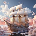 AI generated illustration of a majestic pirate ship sailing through the air in a pink cloudy sky