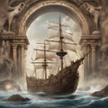 AI generated illustration of a majestic pirate ship sailing through a stone arch