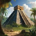 AI generated illustration of a majestic pyramid structure set in a lush green forest
