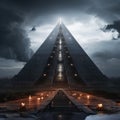 AI generated illustration of a majestic pyramid surrounded by gloomy clouds