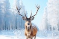 AI generated illustration of a majestic reindeer in a wintery forest with a snow-covered landscape