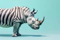 AI generated illustration of a majestic rhinoceros with a zebra pattern on a blue background Royalty Free Stock Photo
