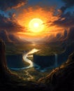 AI generated illustration of a majestic river winding through a mountain landscape at sunset