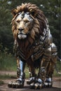 AI generated illustration of a majestic robotic lion wearing intricate armor