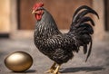 AI generated illustration of a majestic rooster next to a large golden egg Royalty Free Stock Photo