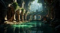 AI generated illustration of a majestic stone cathedral with lush greenery and a pool