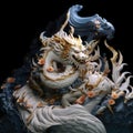 AI generated illustration of a majestic, stone dragon statue against a black background