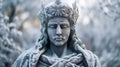 AI generated illustration of a majestic stone statue standing in a snow-covered forest