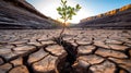 majestic sunset shines behind a single evergreen tree in a remote, barren landscape