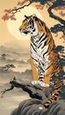 AI generated illustration of a majestic tiger perched on rocky terrain