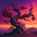 a tree sitting in the middle of a desert at sunset Royalty Free Stock Photo