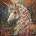 AI generated illustration of a majestic unicorn with a flowing mane adorned with a floral wreath