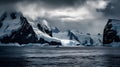 AI generated illustration of a majestic view of a snow-covered mountain surrounded by icebergs Royalty Free Stock Photo