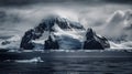 AI generated illustration of a majestic view of a snow-covered mountain surrounded by icebergs Royalty Free Stock Photo