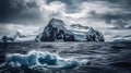 AI generated illustration of a majestic view of a snow-covered mountain surrounded by icebergs Royalty Free Stock Photo