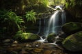 AI generated illustration of a majestic view of a waterfall cascading in a lush tropical rainforest Royalty Free Stock Photo