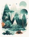 AI generated illustration of a majestic watercolor mountain range in the background