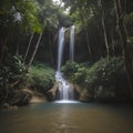 AI generated illustration of a majestic waterfall cascades over a vibrant green forest on the brink