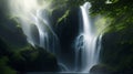 AI generated illustration of a majestic waterfall cascading over a lush green foliage of trees Royalty Free Stock Photo