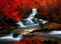 AI generated illustration of a majestic waterfall cascading through a vibrant autumn forest Royalty Free Stock Photo