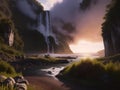 AI-generated illustration of a majestic waterfall flowing down a rugged cliff into a lake at sunset Royalty Free Stock Photo