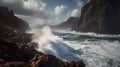 AI generated illustration of a majestic wave crashing against rugged rocks near a rocky cliff line Royalty Free Stock Photo