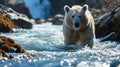 AI generated illustration of a majestic white bear in a brisk river in a picturesque landscape
