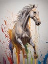 AI generated illustration of a majestic white horse im mid-jump, against a colorful pallete Royalty Free Stock Photo