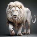 AI generated illustration of a majestic white lion running across a dark background