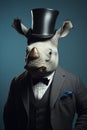 AI generated illustration of A majestic white rhinoceros stands proudly in a black suit