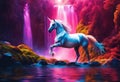 the unicorn stands in front of a waterfall in the woods