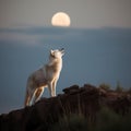 AI generated illustration of a majestic white wolf in a meadow, gazing up at the full moon Royalty Free Stock Photo