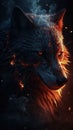 AI generated illustration of a majestic wolf gazing out engulfed in vibrant flames