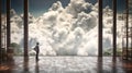 AI generated illustration of a male adult in front of a large glass window against fluffy clouds