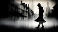 AI generated illustration of a male figure striding confidently through a misty urban setting