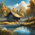 AI generated illustration of a male fishing in a tranquil river with a wooden hut in the background